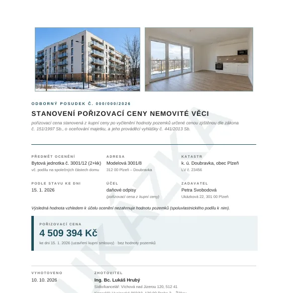 Title page of a sample report – purchase price split